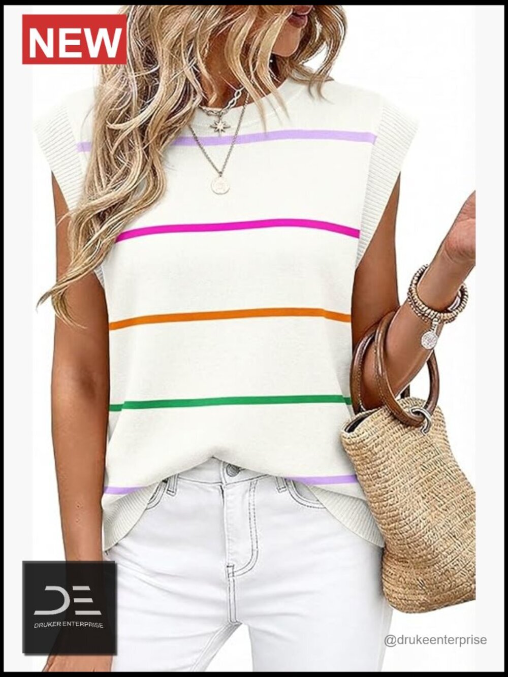 Striped Sleeveless Knit Tank Top Summer Lightweight Casual Office
